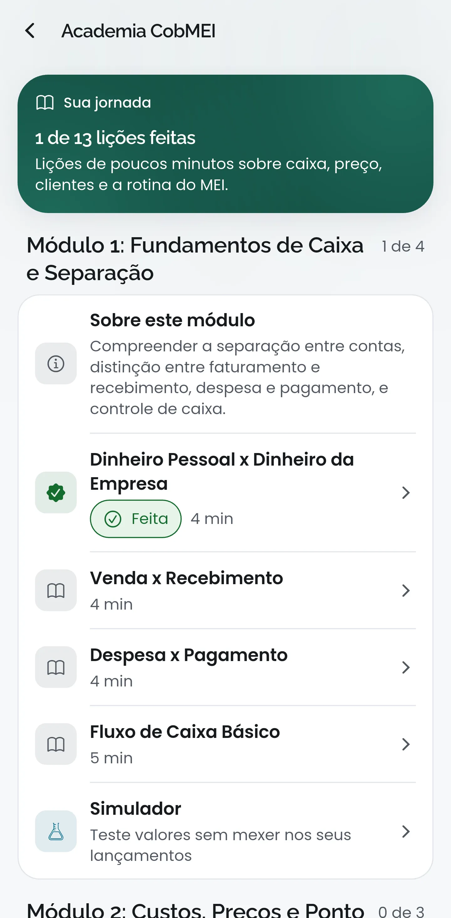 Academia CobMEI, com a jornada de lições e os módulos