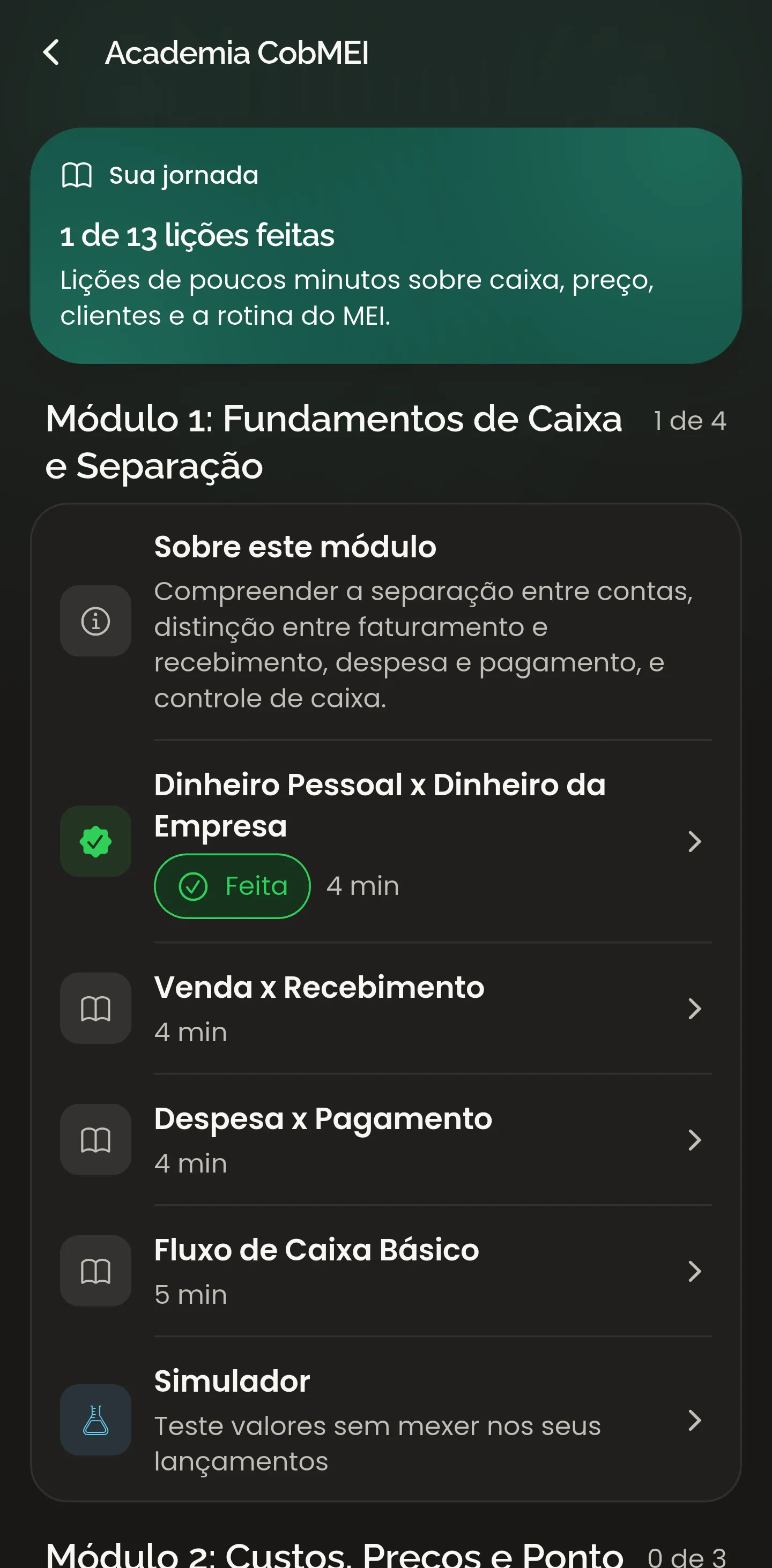 Academia CobMEI, com a jornada de lições e os módulos
