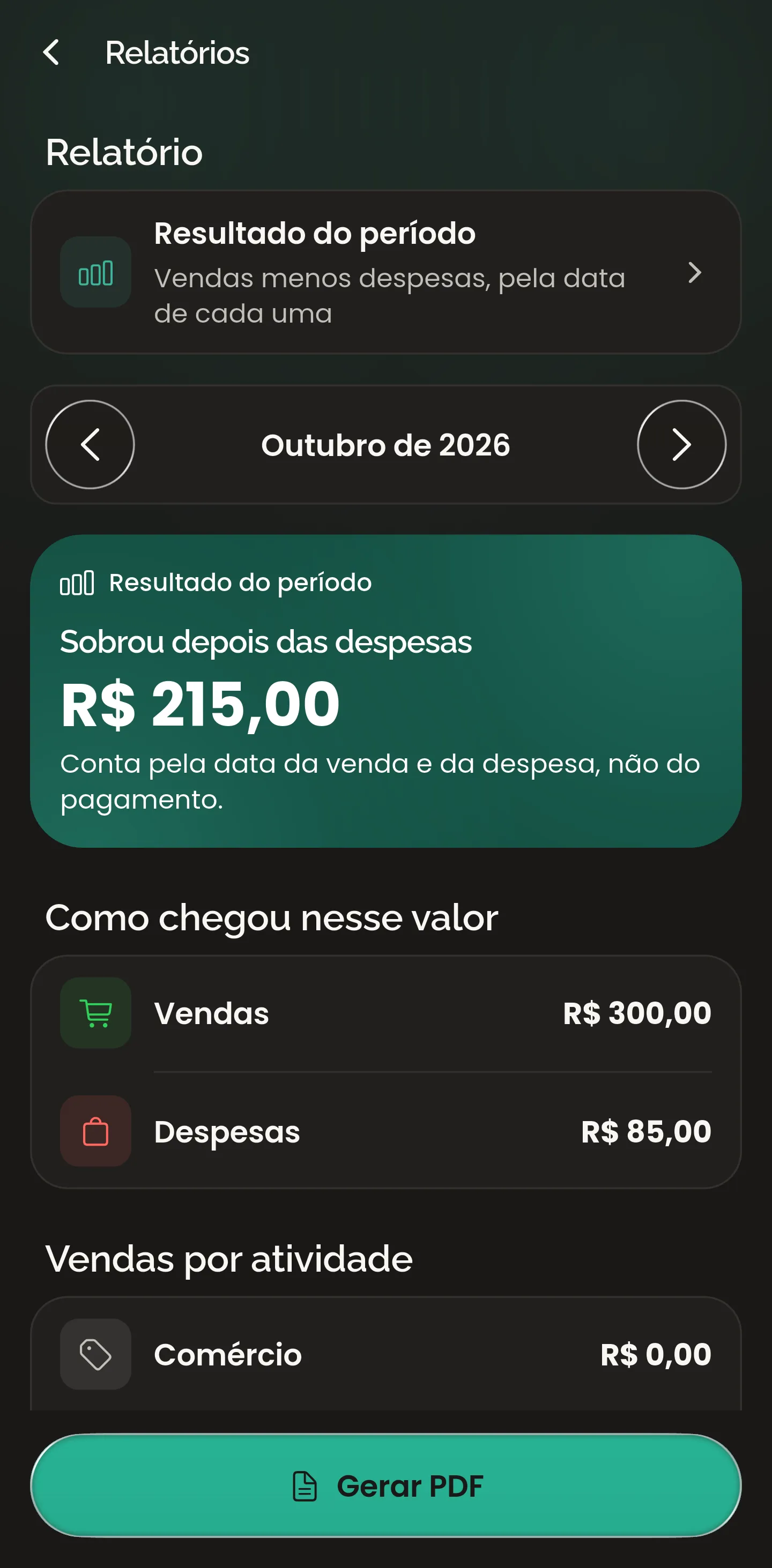 Relatórios do CobMEI, com o resultado do período e o botão de gerar PDF