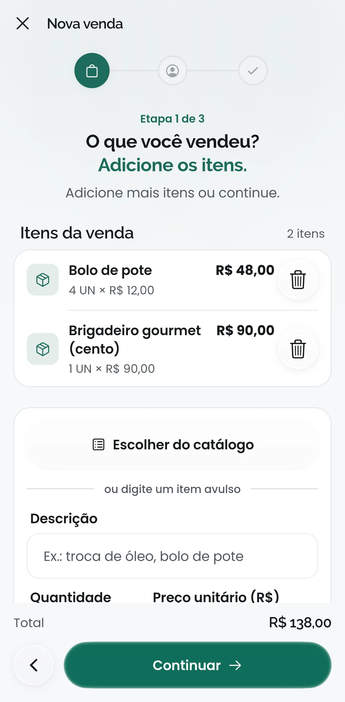 Tela de itens de uma nova venda no CobMEI, com produtos e valores