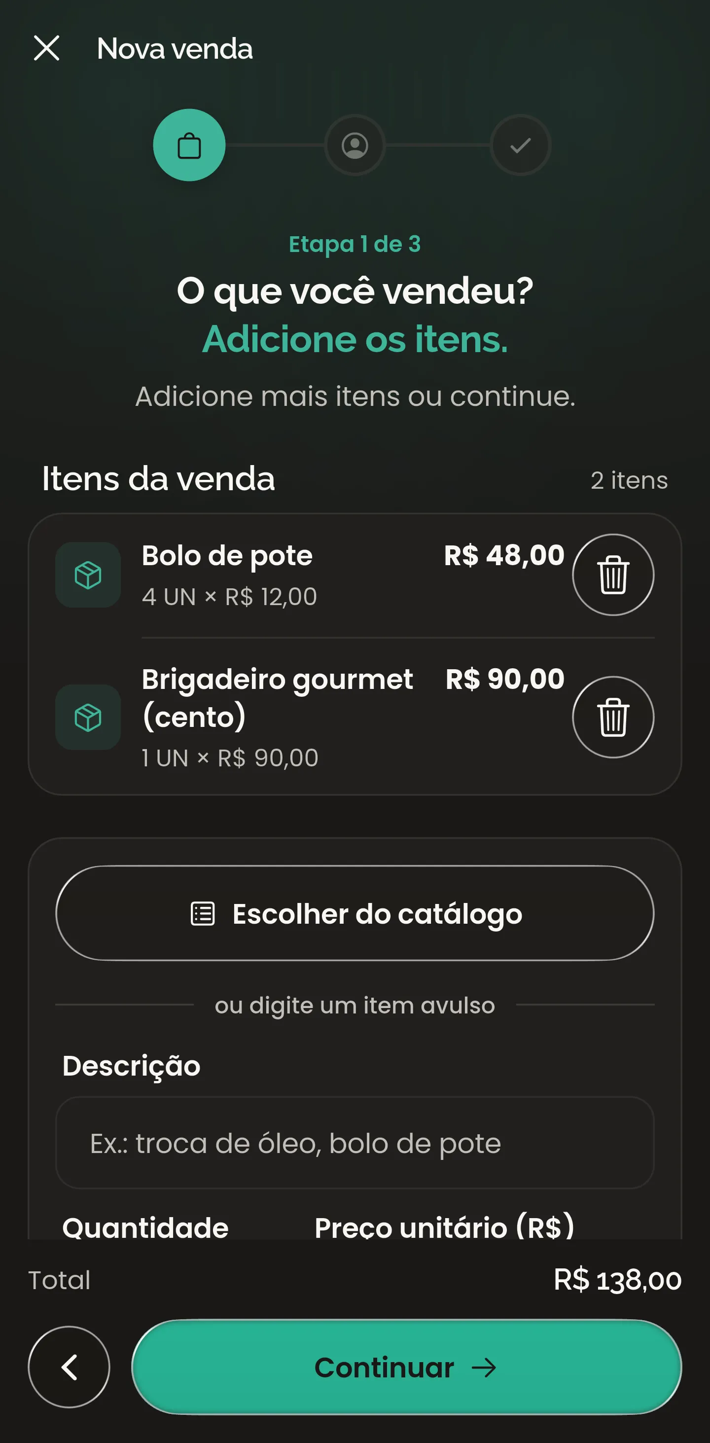 Tela de itens de uma nova venda no CobMEI, com produtos e valores