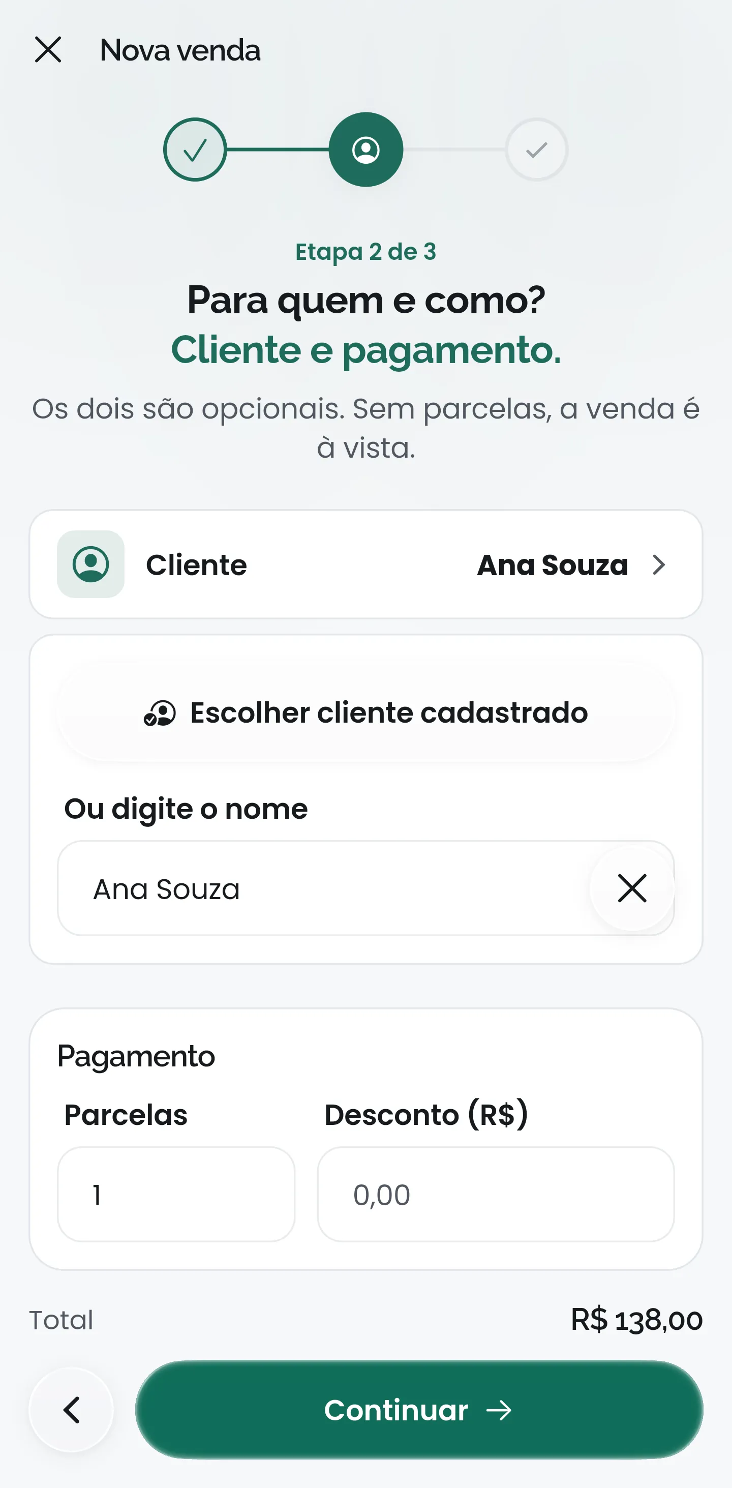 Tela de cliente e pagamento de uma nova venda no CobMEI