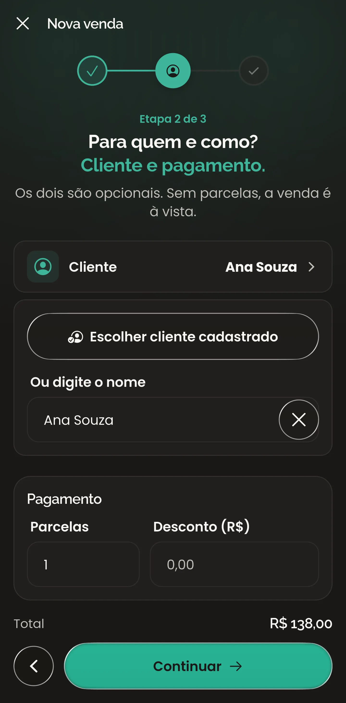 Tela de cliente e pagamento de uma nova venda no CobMEI