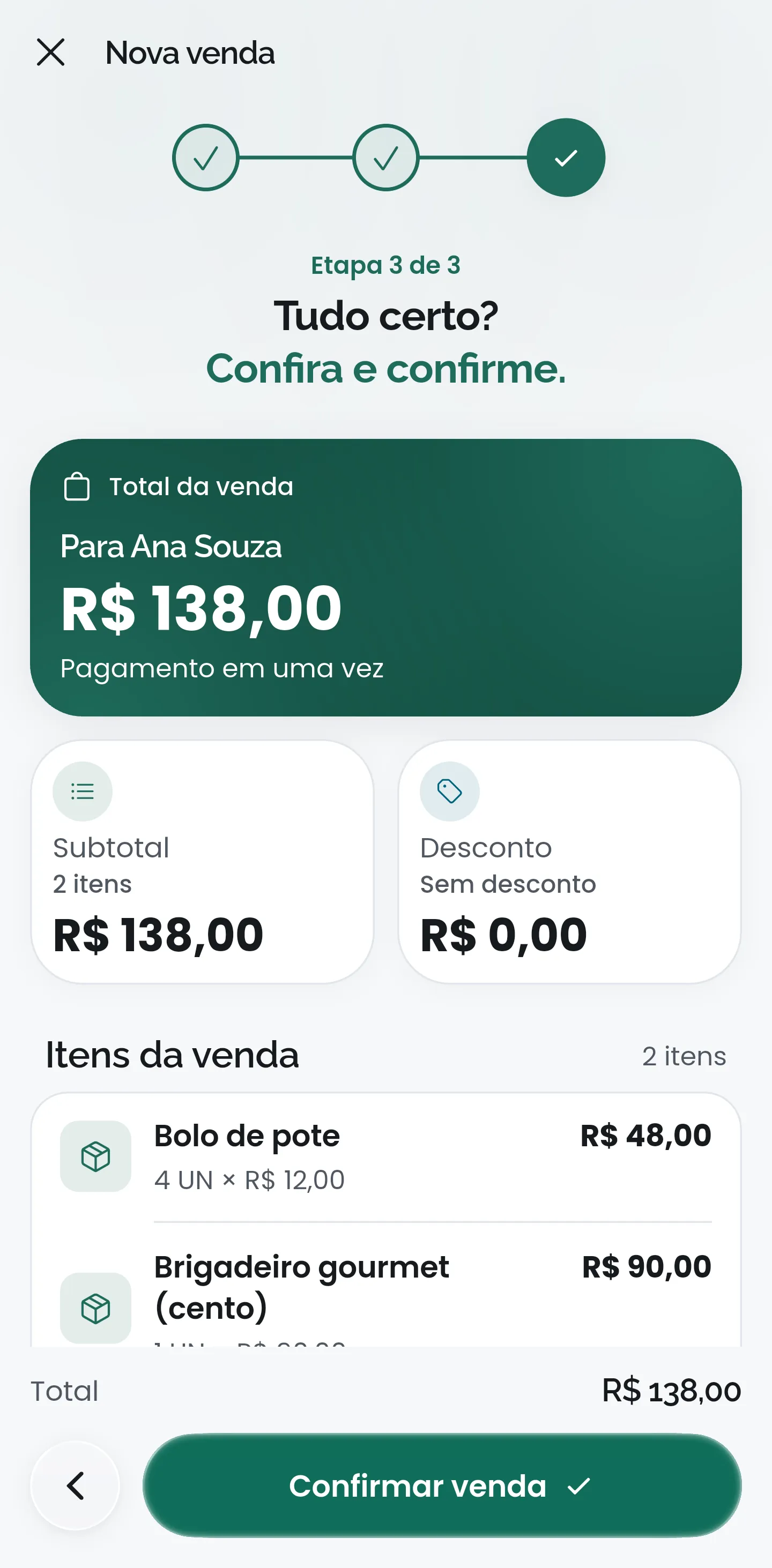 Revisão de uma nova venda no CobMEI, com o total e os itens antes de confirmar