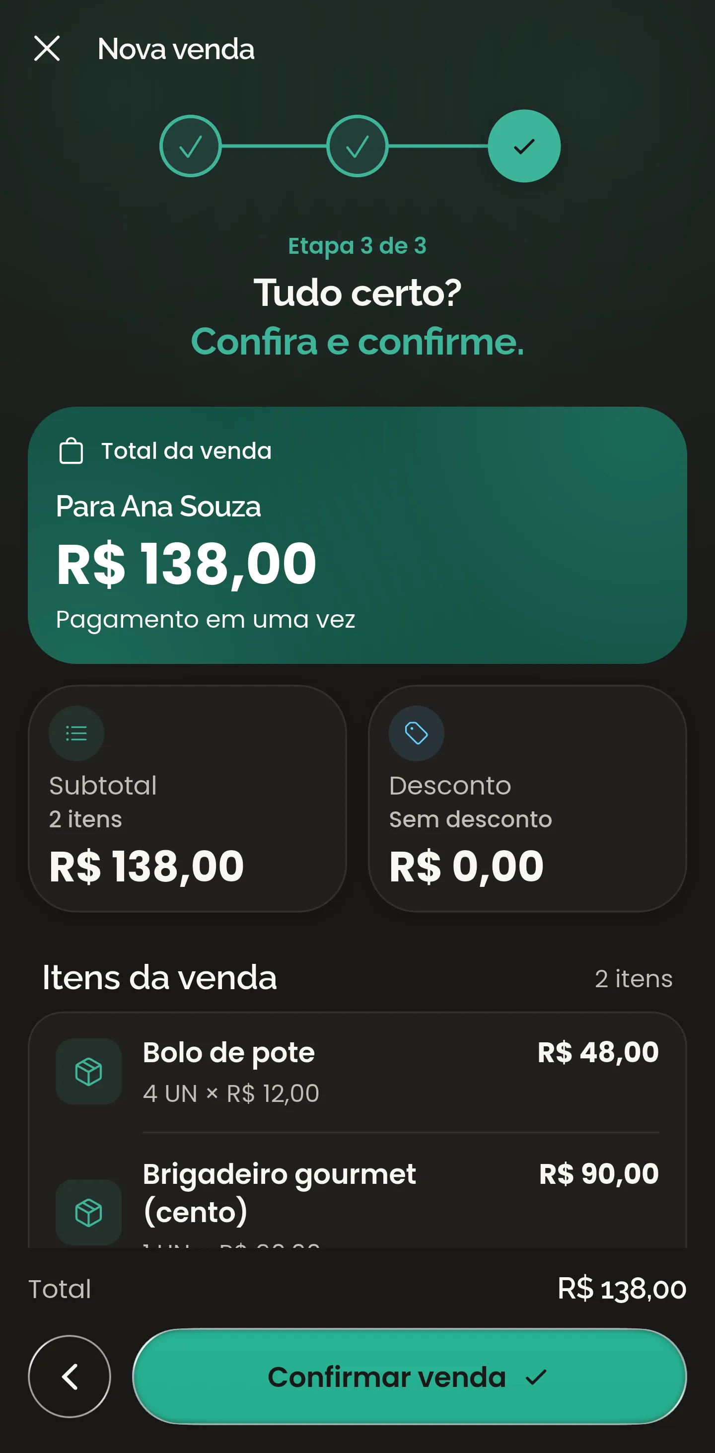 Revisão de uma nova venda no CobMEI, com o total e os itens antes de confirmar
